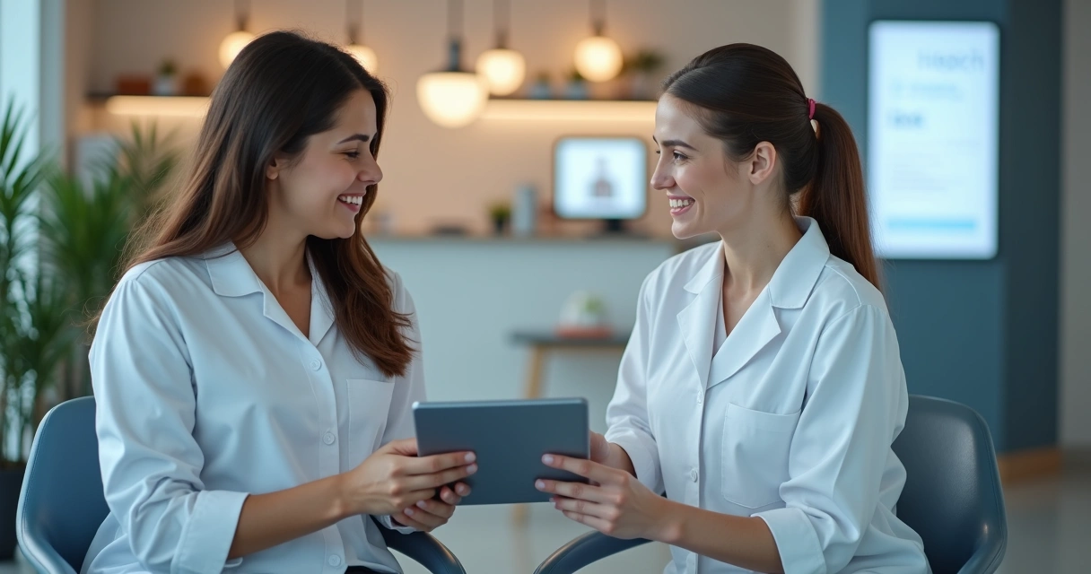Dentista conversa com paciente sorrindo durante consulta