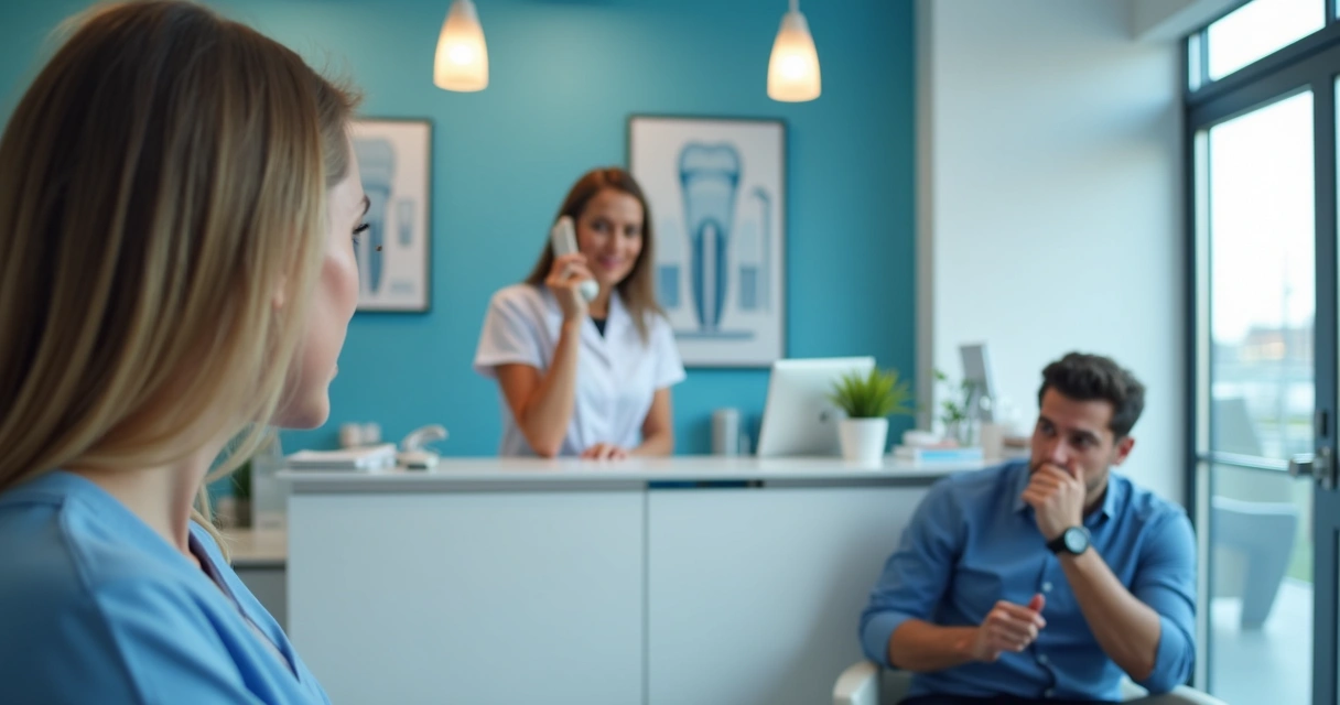 Clínica odontológica com recepcionista ao telefone e paciente aguardando frustrado 