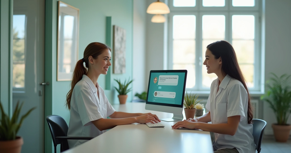 Recepção de clínica odontológica com atendente utilizando computador e paciente sorrindo