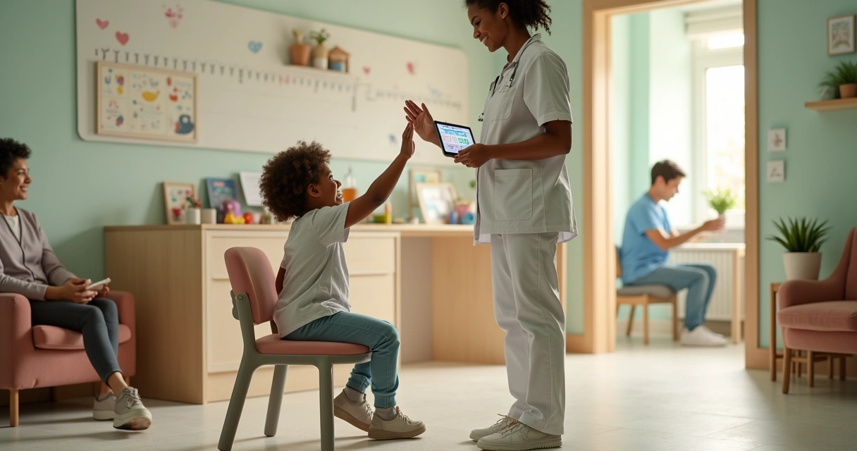 Dentista infantil recepcionando criança em clínica odontológica acolhedora 