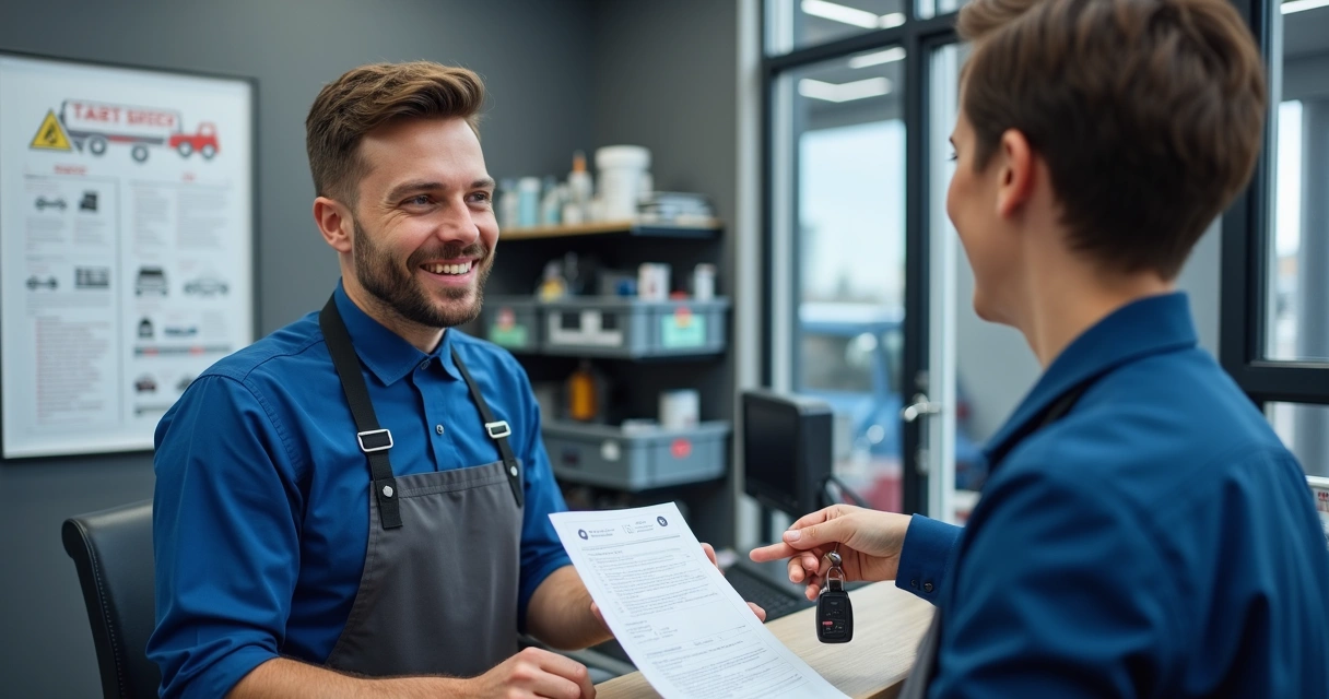 Atendente conversando com cliente em oficina mecânica 