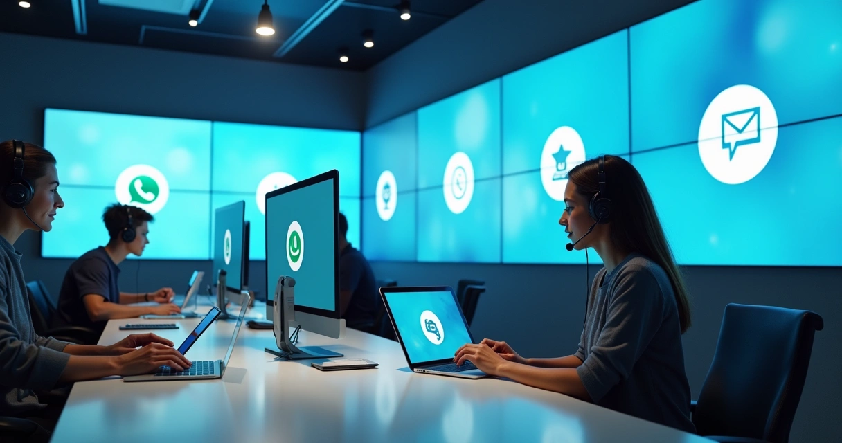 Central de atendimento com telas mostrando diversos canais de comunicação 