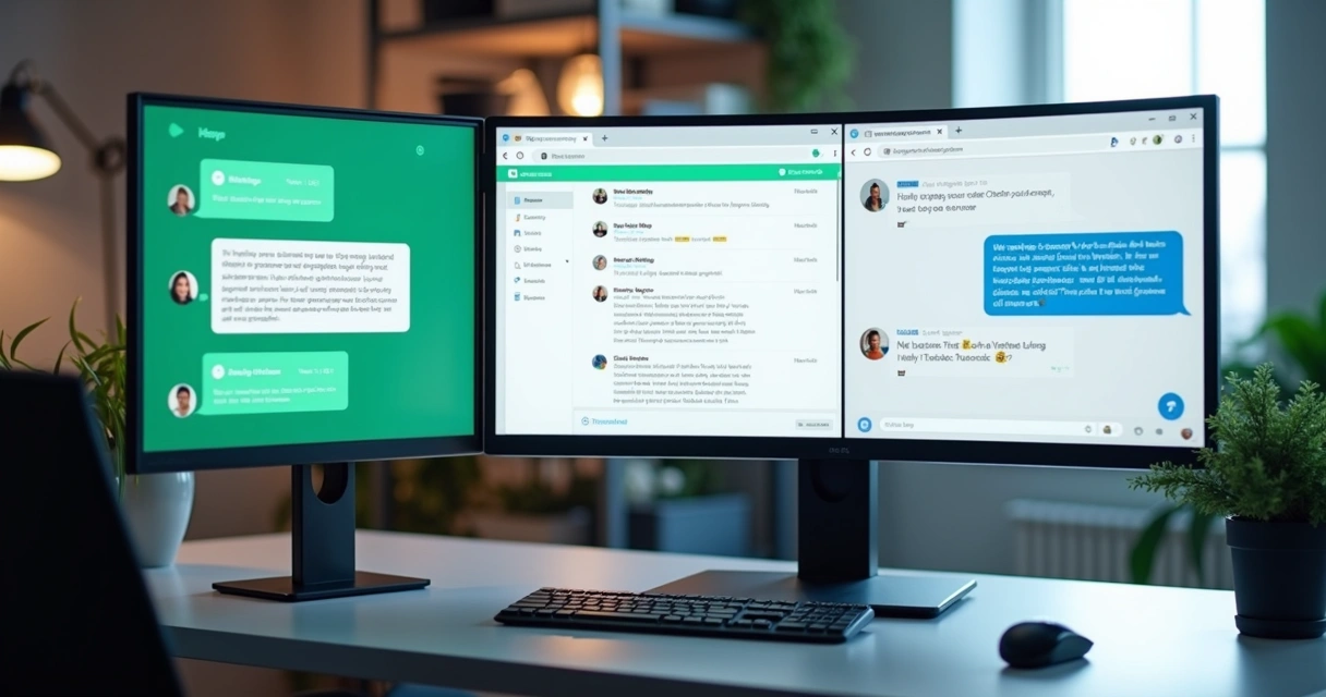 Tela de computador exibindo integração simultânea de WhatsApp, e-mail e chat em ambiente de atendimento ao cliente digital 