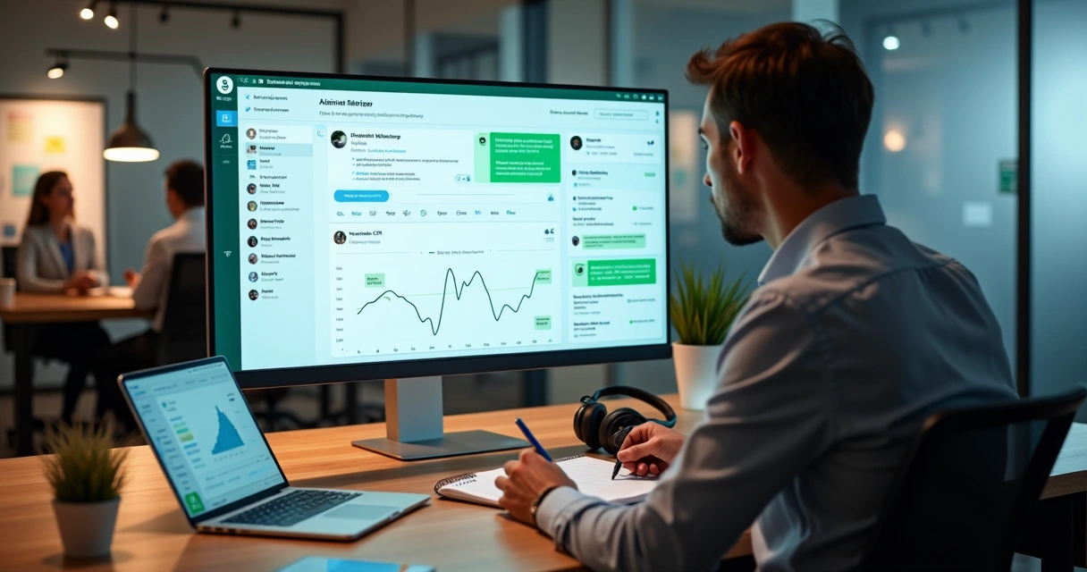 Gestor acompanhando painel de atendimento integrado com chat em vários canais 