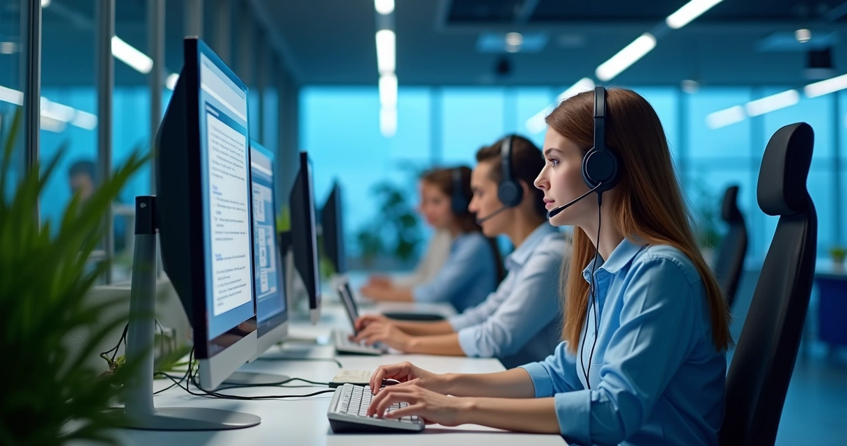 Equipe de atendimento ao cliente trabalhando em computadores e respondendo clientes pelo telefone ao mesmo tempo