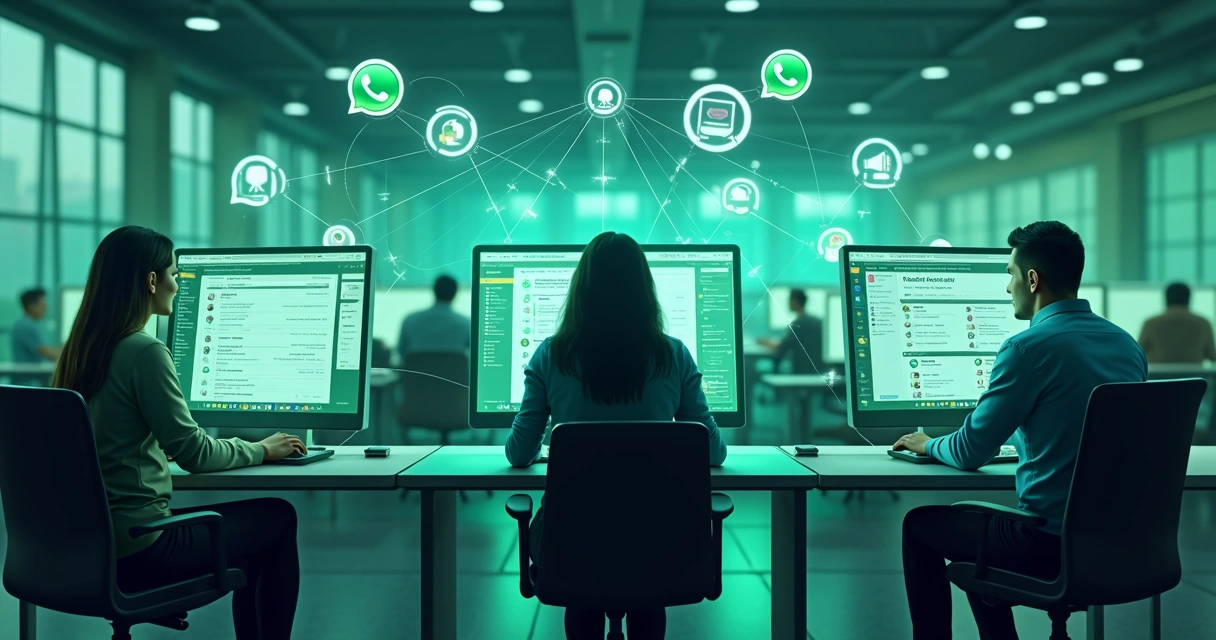 Equipe de atendimento usando computadores com vários canais de contato na tela 