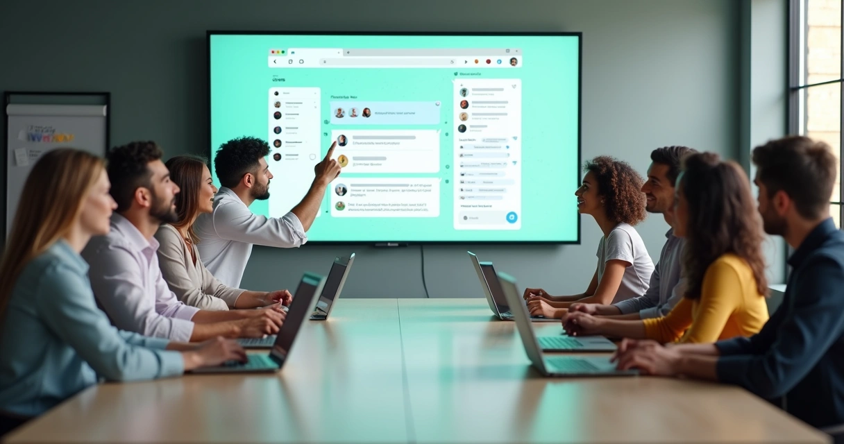 Equipe usando painel de atendimento digital reunida em sala moderna