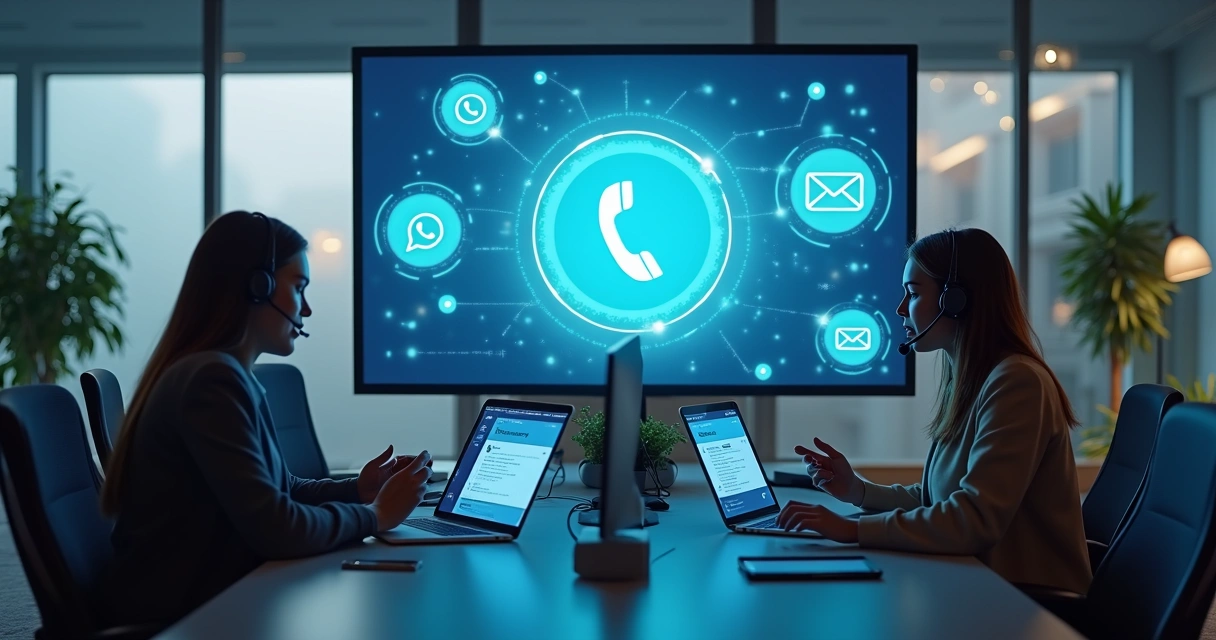Equipe de atendimento usando diversas telas e dispositivos conectados 