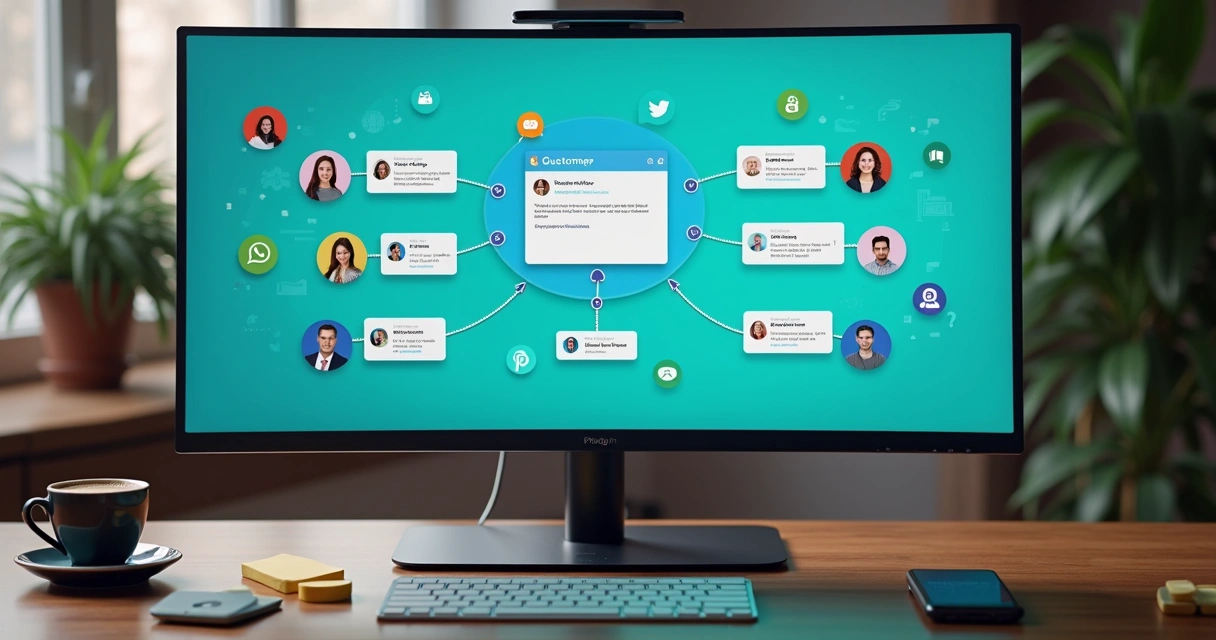 Painel integrado mostrando múltiplos canais: WhatsApp, e-mail e redes sociais 