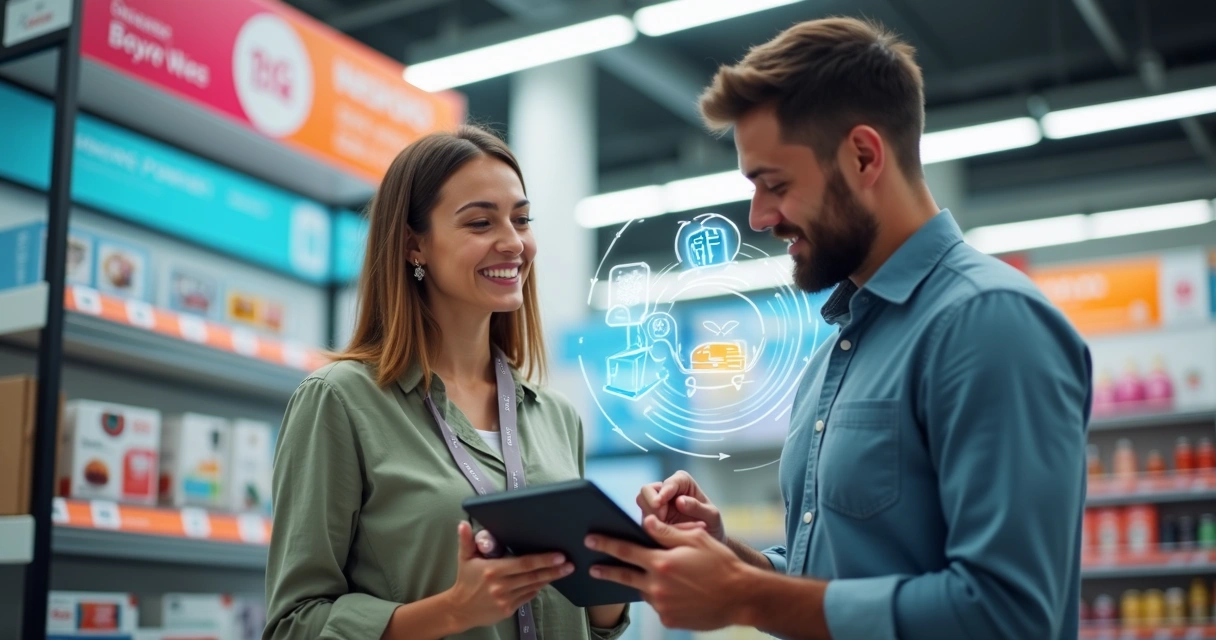 Cliente sendo atendido em loja física por vendedor usando tablet. 