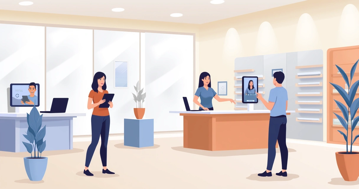 Equipe ajudando cliente na loja e online 