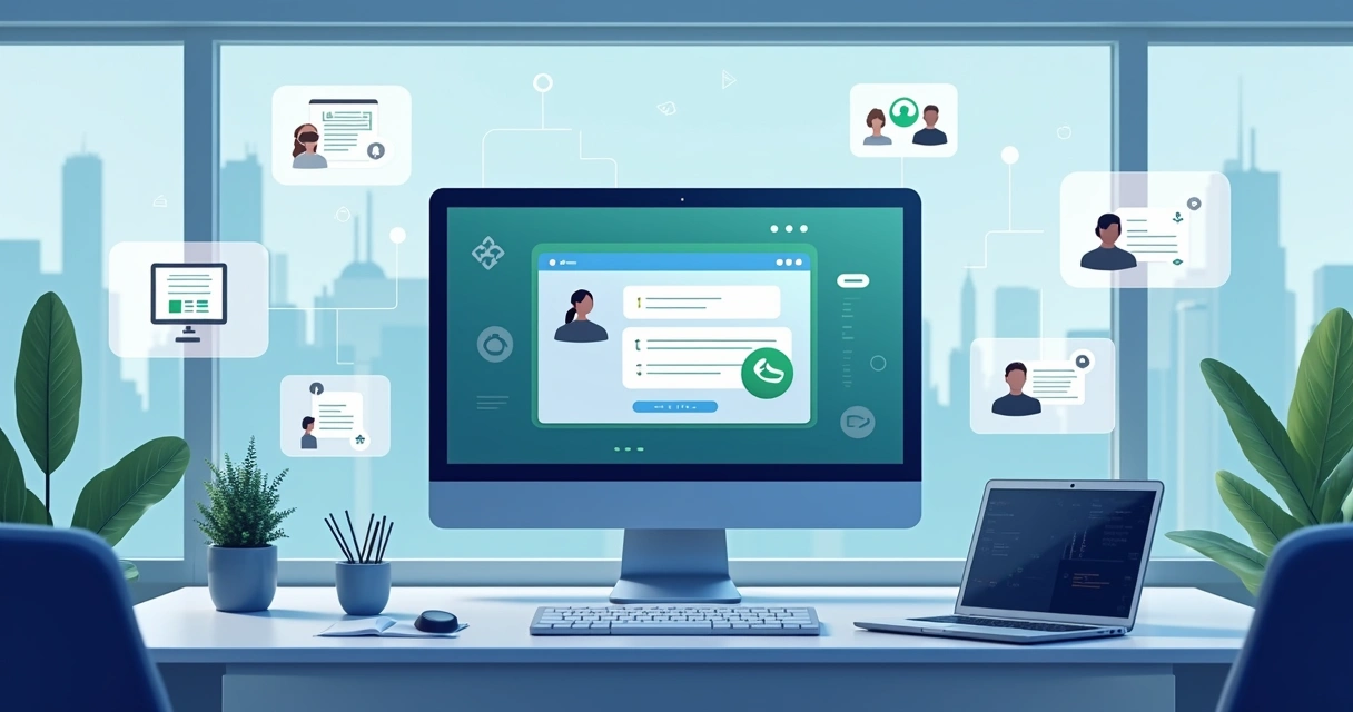 Atendente digital com múltiplos canais de atendimento exibidos em telas ao fundo