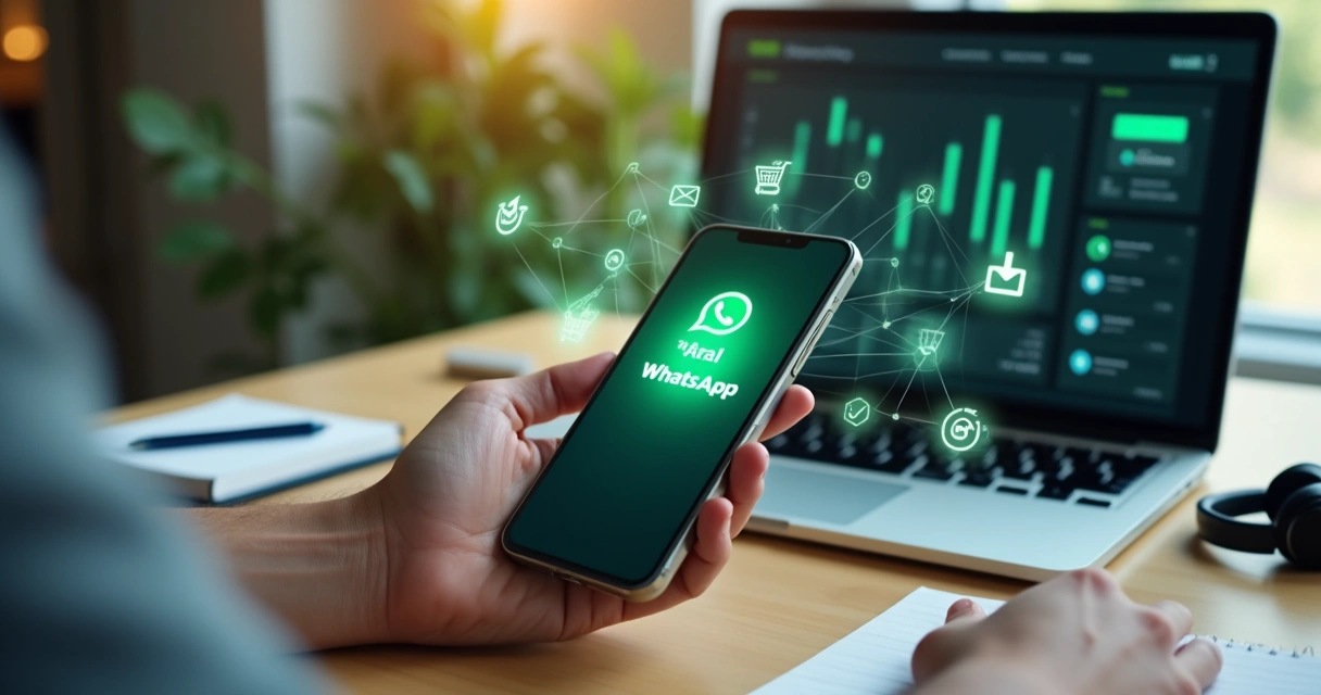 Pessoa usando WhatsApp no smartphone cercado de ícones de canais digitais integrados 