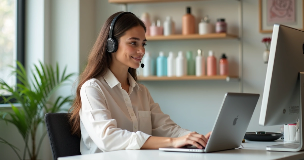 Atendente com fone respondendo cliente em salão de beleza 