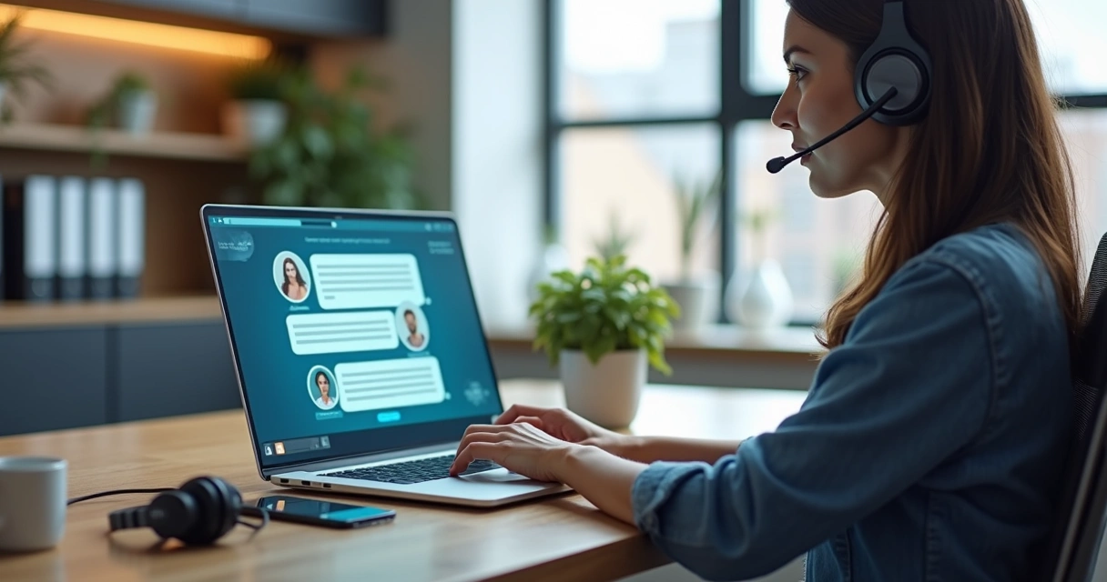 Atendente ajudando cliente através de chat online com chatbot na tela do computador 