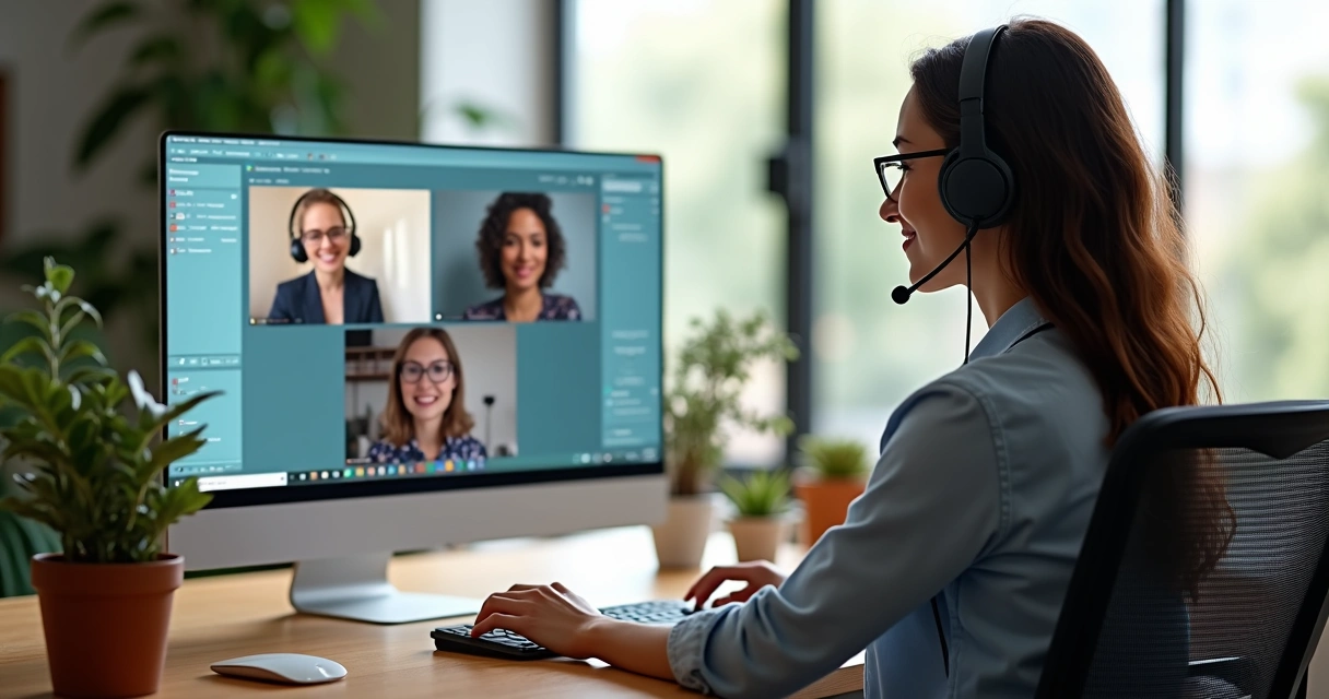 Pessoa com headset atendendo clientes via chat em escritório moderno 