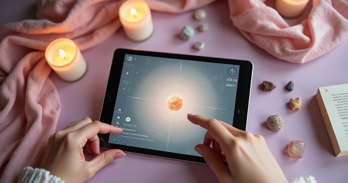 Plataforma de atendimento esotérico online em tela de tablet, com cristais e velas ao redor 