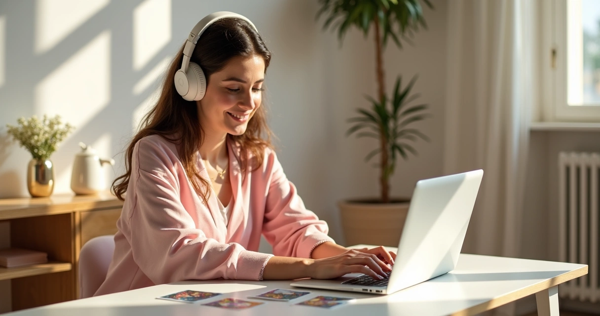 Consultora de tarot online usando computador 
