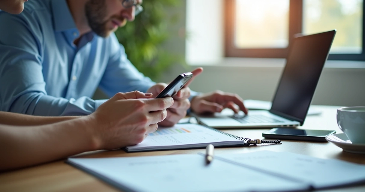 Equipe pequena organizando atendimento em celular e planilha
