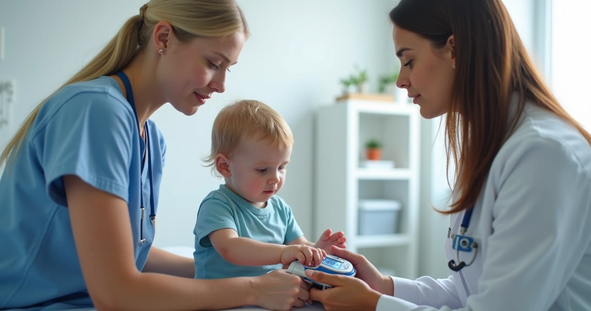 Profissional de saúde realizando orquidometria em ambiente de consultório pediátrico 