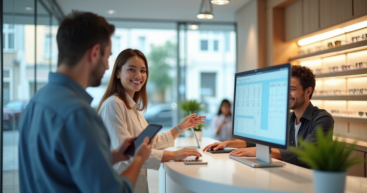 Atendente de ótica sorridente agendando exame de vista no computador com cliente ao lado 