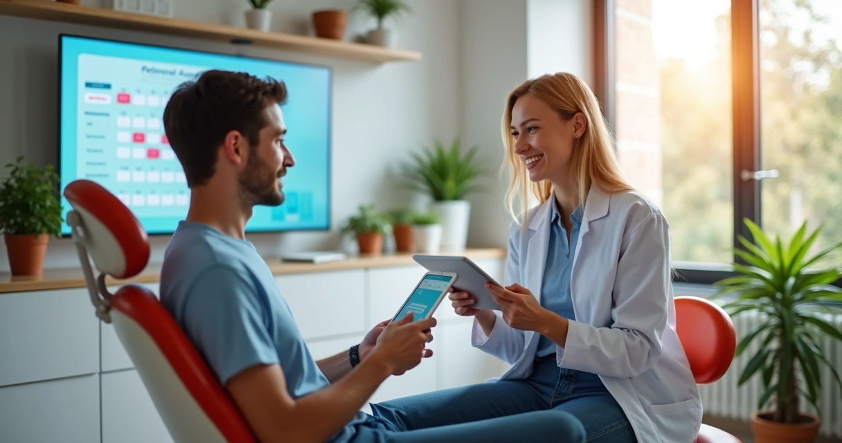 Dentista e paciente em consultório moderno com atendimento humanizado e ambiente acolhedor 