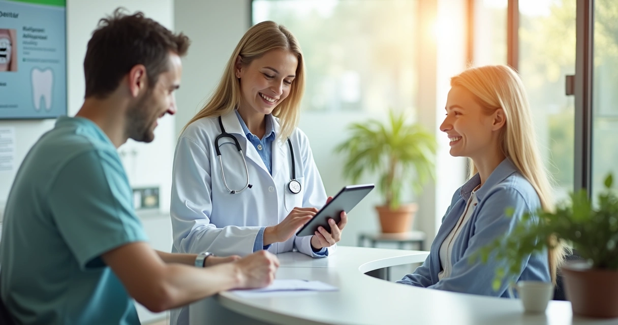 Dentista utilizando tablet para consultar histórico digital do paciente em clínica clara