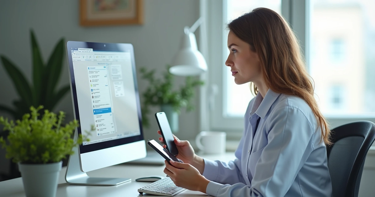 Atendente de clínica usando CRM e mensagens para follow-up de pacientes