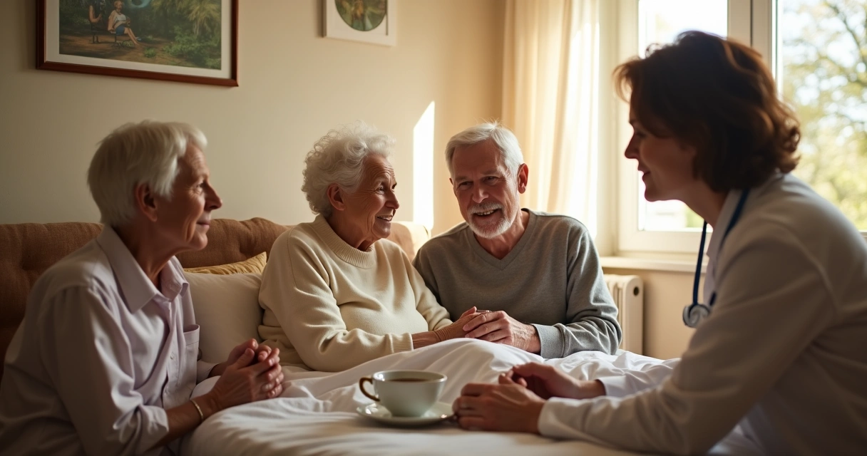 Família reunida em casa ao redor de paciente acamado 