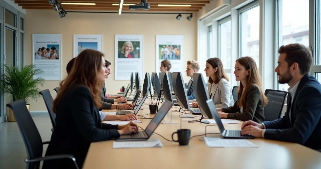 Sala de atendimento parlamentar com equipe registrada em computadores
