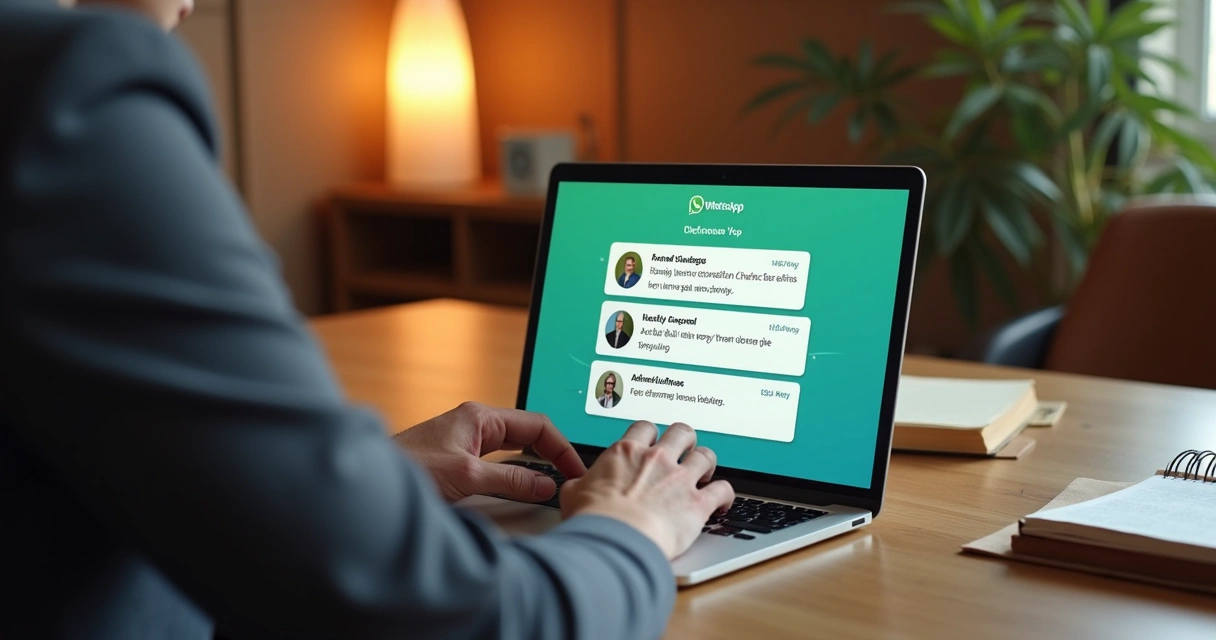 Pastor usando laptop para responder mensagens automatizadas via WhatsApp