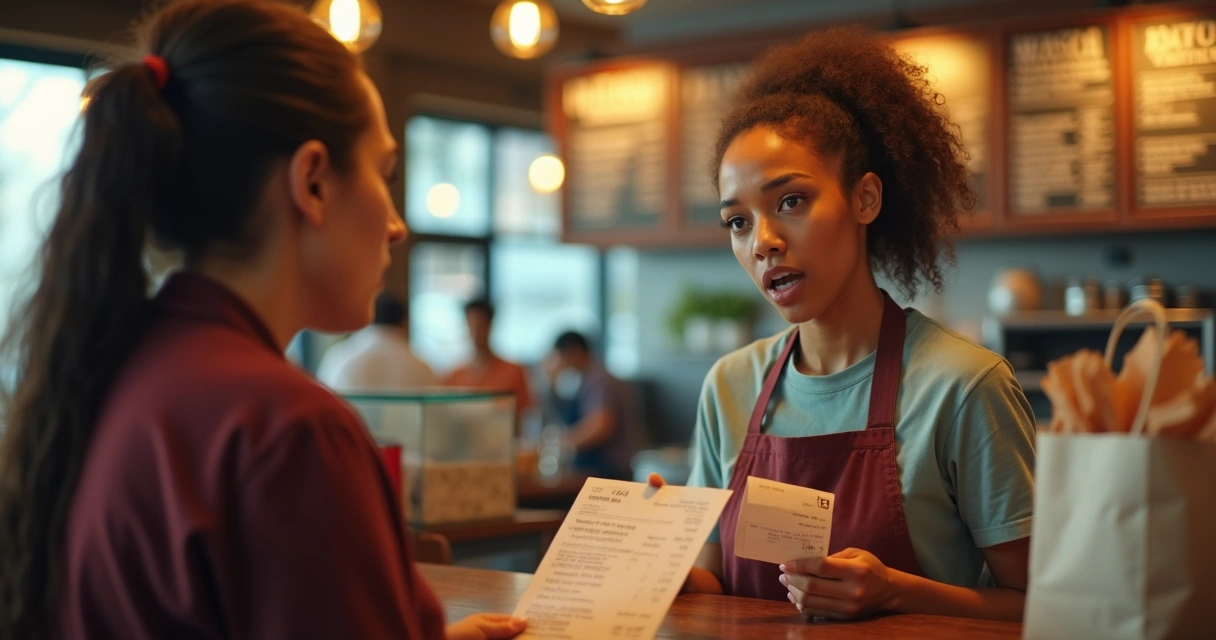 Atendente de restaurante ouvindo cliente insatisfeito com pedido errado 