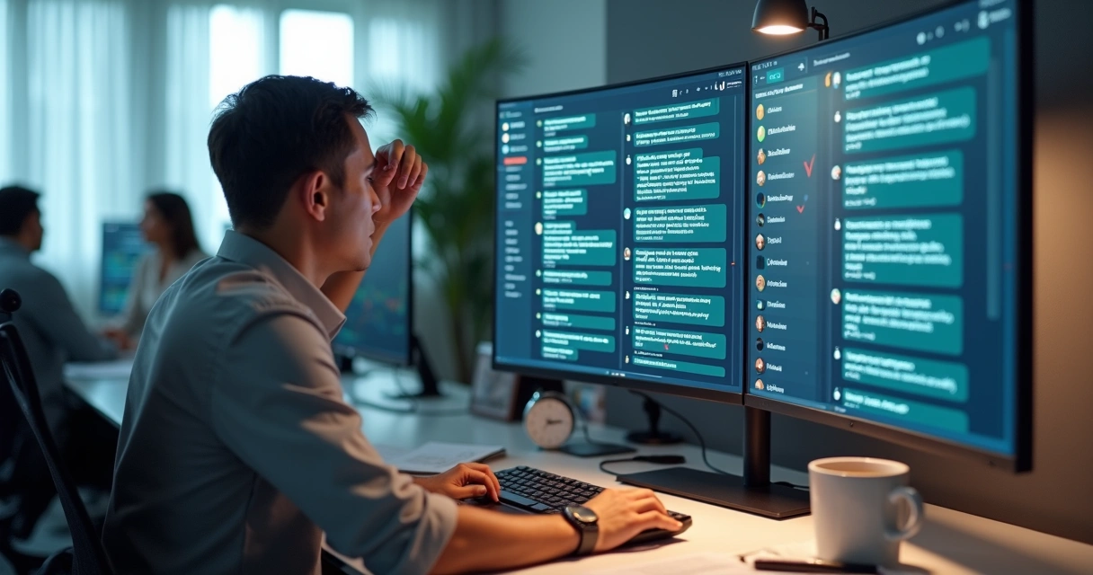 Atendente olhando para muitas mensagens repetidas na tela do computador 