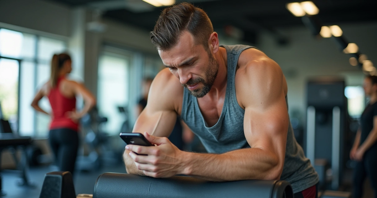Personal trainer atende aluno pelo WhatsApp em ambiente de academia 