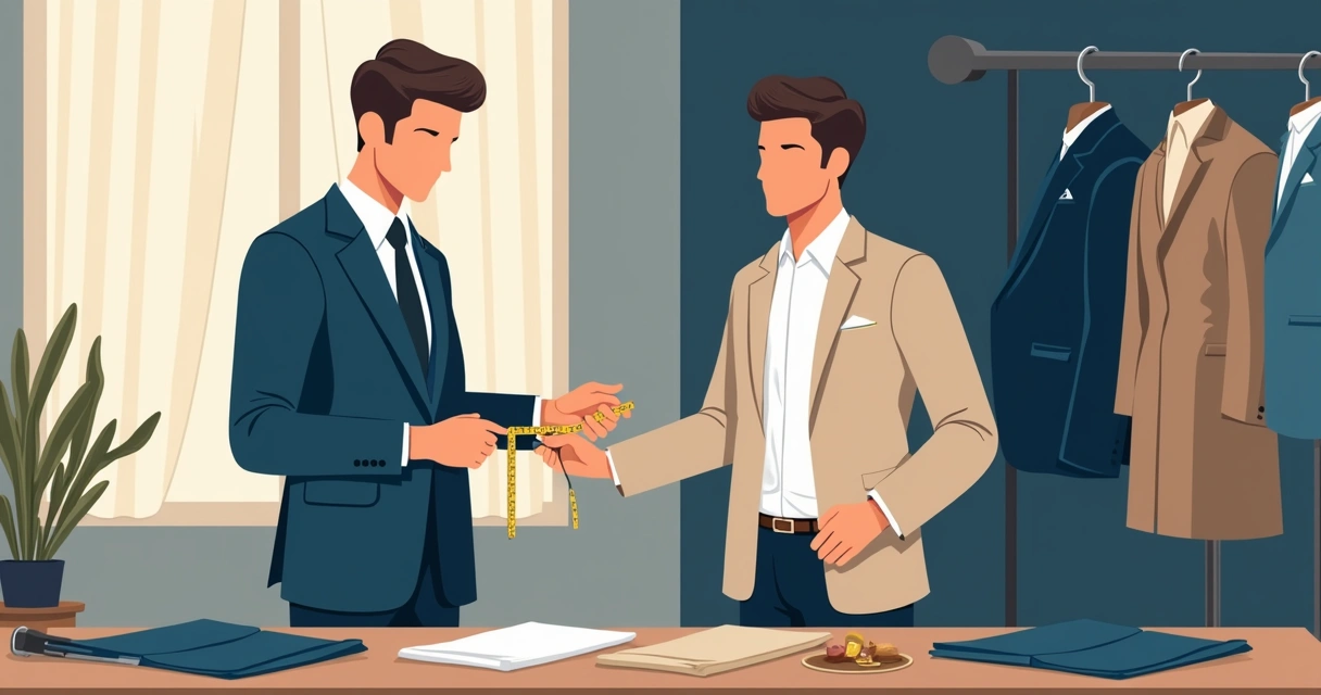 Homem sendo atendido por alfaiate, fitas métricas e amostras de tecido em destaque