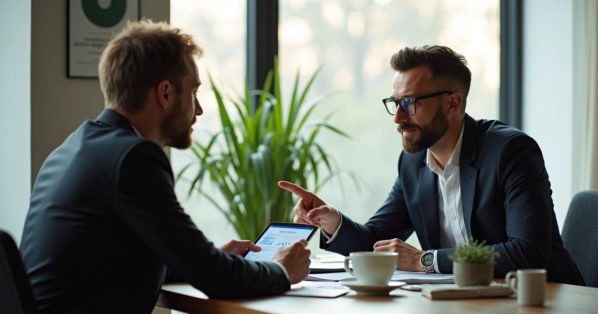 Atendimento personalizado em escritório moderno com consultor e cliente 