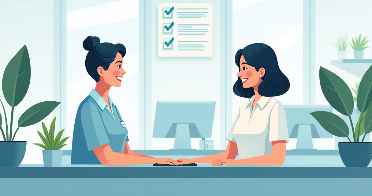 Atendente de clínica conversando com cliente, ambos sorrindo em ambiente moderno 