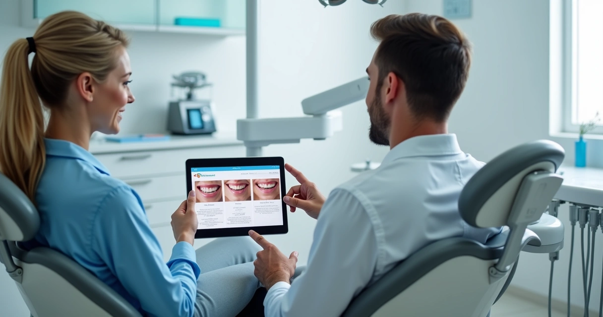 Dentista e paciente conversando com prontuário digital na clínica