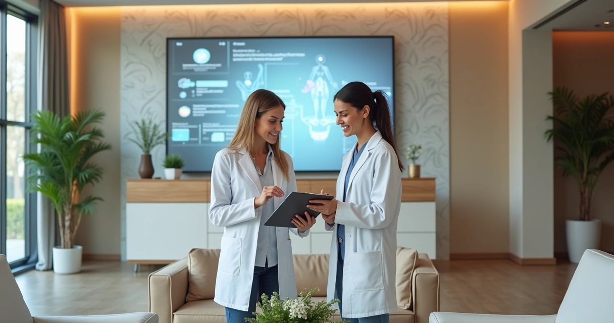 Equipe clínica realizando atendimento personalizado pós-implante 
