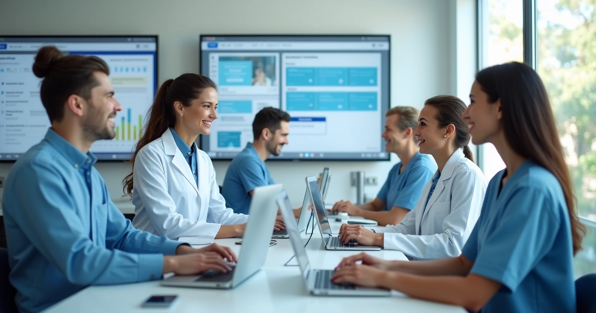 Equipe treinada realizando atendimento personalizado em clínica odontológica moderna com equipamentos e tecnologia digital 