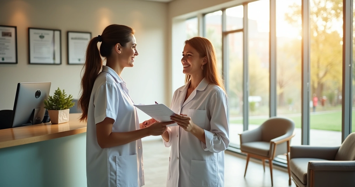 Recepcionista conversando com paciente em clínica odontológica moderna 