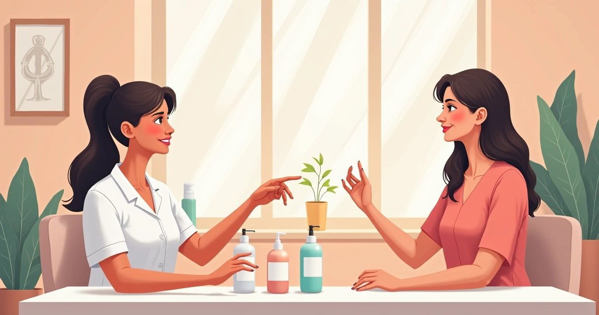 Depiladora conversando com cliente em um ambiente limpo e organizado 