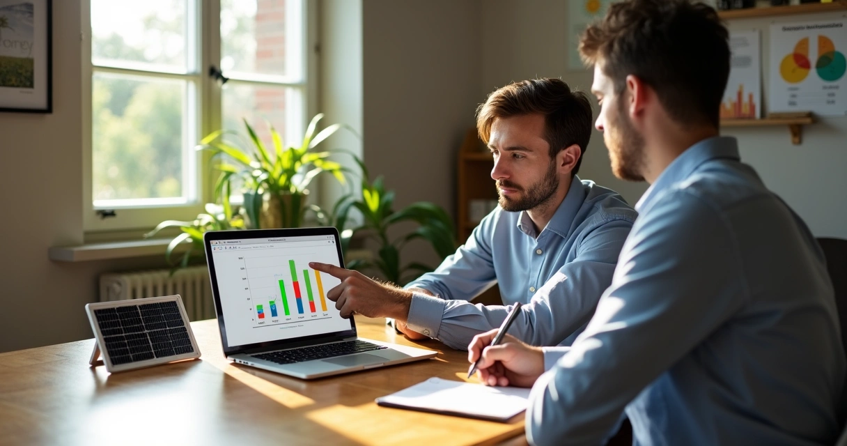 Consultor conversa com cliente na mesa, mostrando gráficos de economia energética 