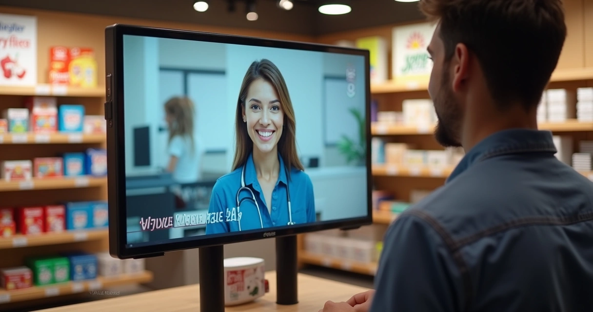 Cliente interagindo com assistente virtual em loja de franquia 