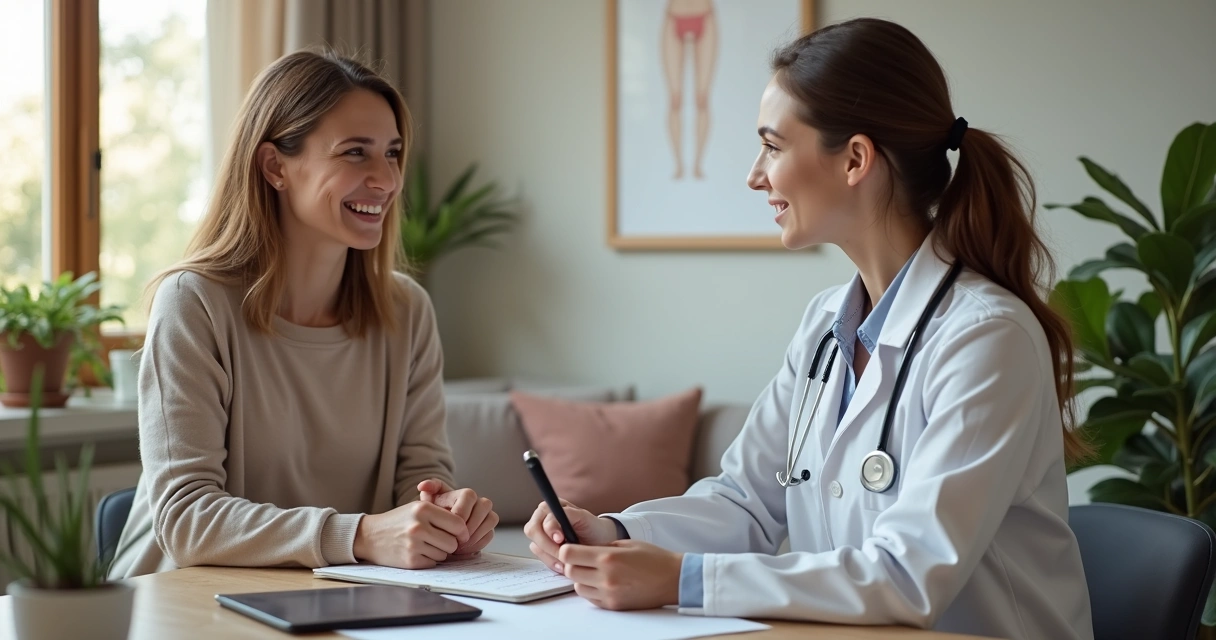 Médico ginecologista conversando com paciente em consultório, atendimento humanizado e personalizado. 