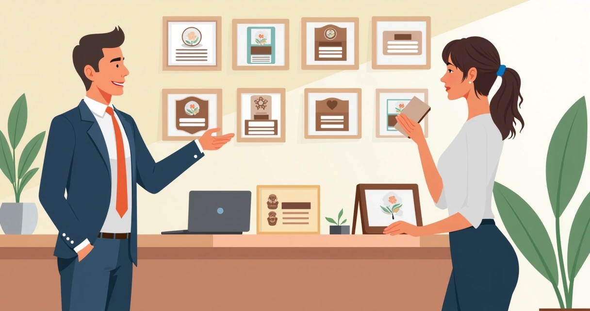 Atendente sorridente apresentando opções de placas de homenagem personalizada 