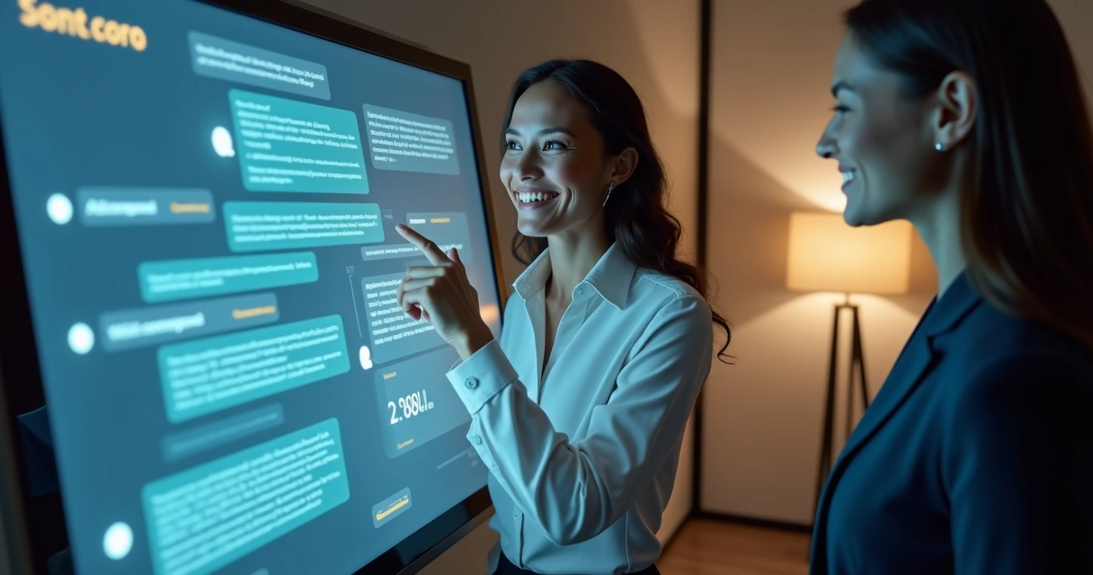 Chatbot interagindo com cliente em tela digital, ambiente corporativo 