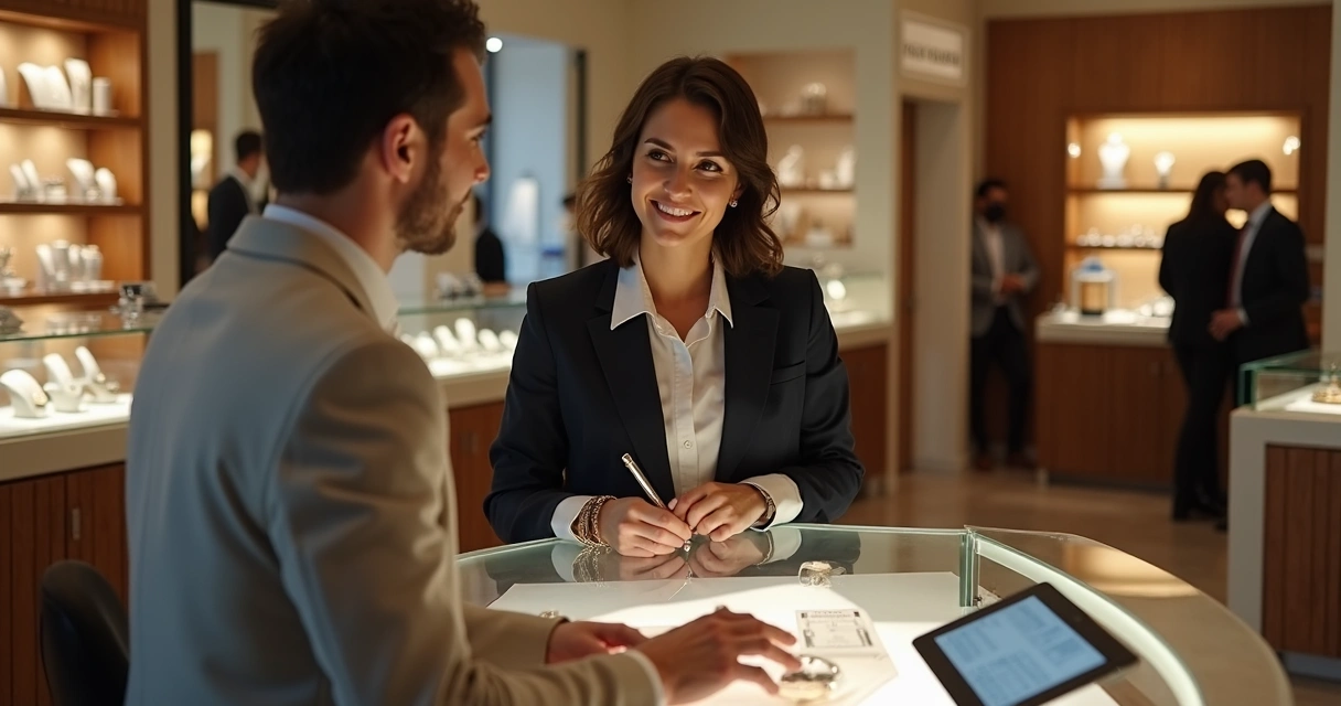 Atendimento personalizado ao cliente em balcão de joalheria 