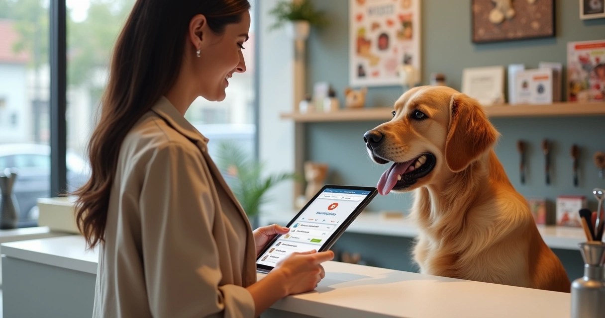 Recepcionista de petshop atendendo tutor de cão com aplicativo na tela 