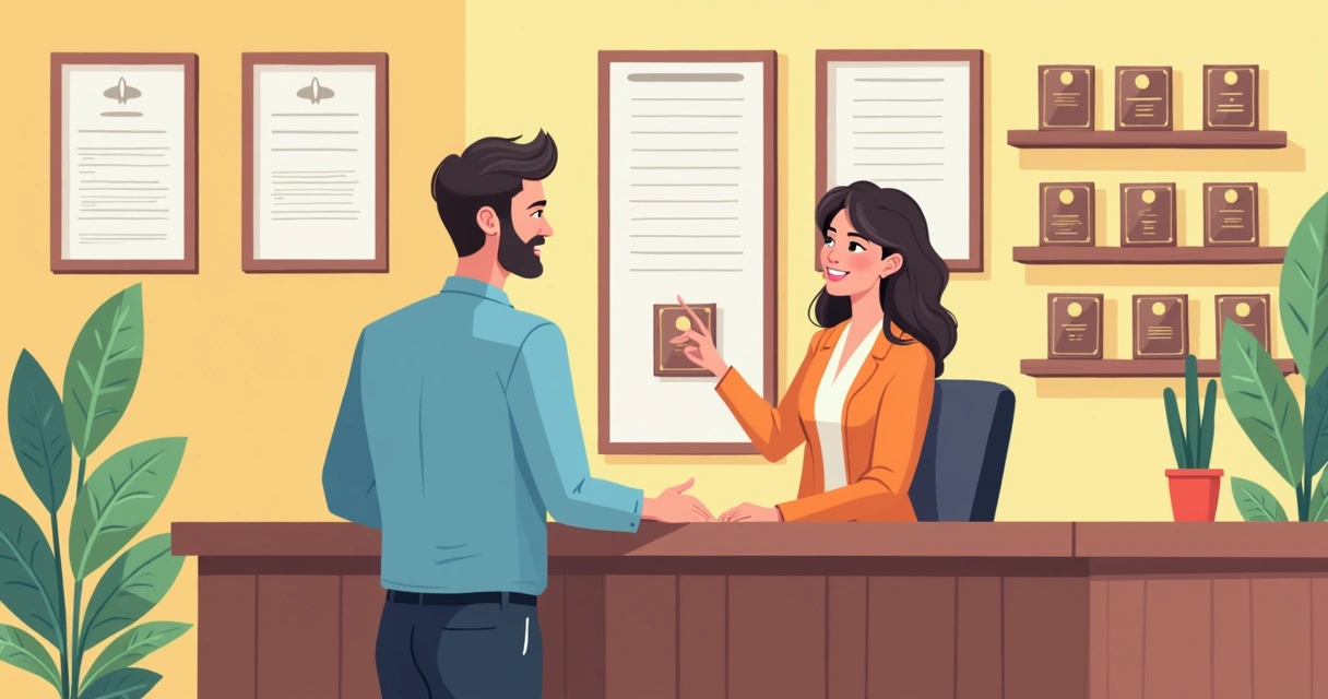 Atendente mostrando opções personalizadas de placas para cliente. 